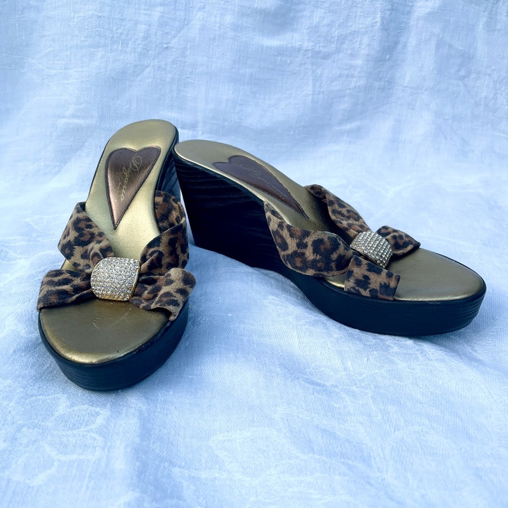 Black and Brown Wedge Sandals with Leopard Print
